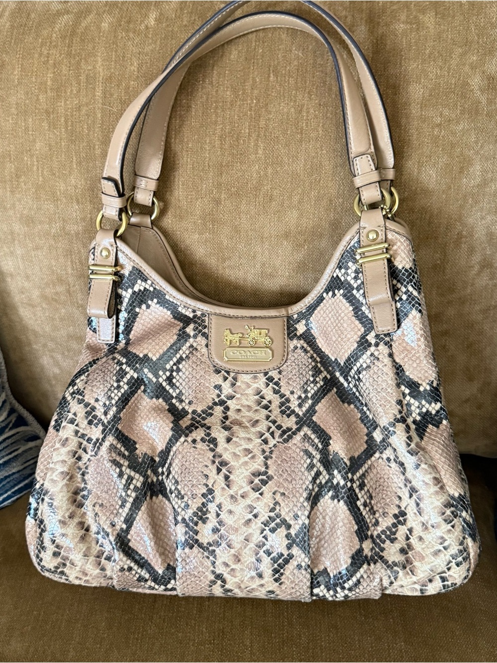 Coach Pink-Tone Snake-Print Leather Shoulder Bag with Gold Hardware